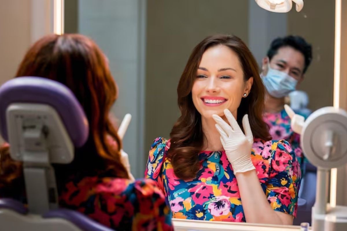 patient admiring her new smile after cosmetic dentistry